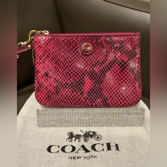 COACH Raspberry Python Leather Wristlet with Dusty - Picture 2 of 7